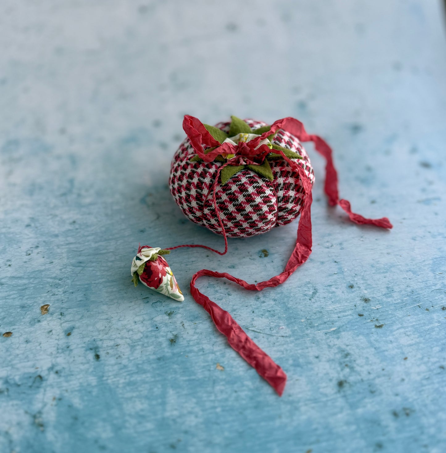 Handmade Tomato Pincushion: Vintage Wool & Tiny Strawberry image 1